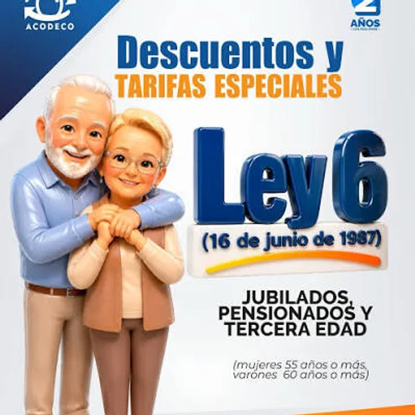 Afiche de ACODECO sobre los descuentos de la Ley 6 de 1987 para jubilados, pensionados y tercera edad